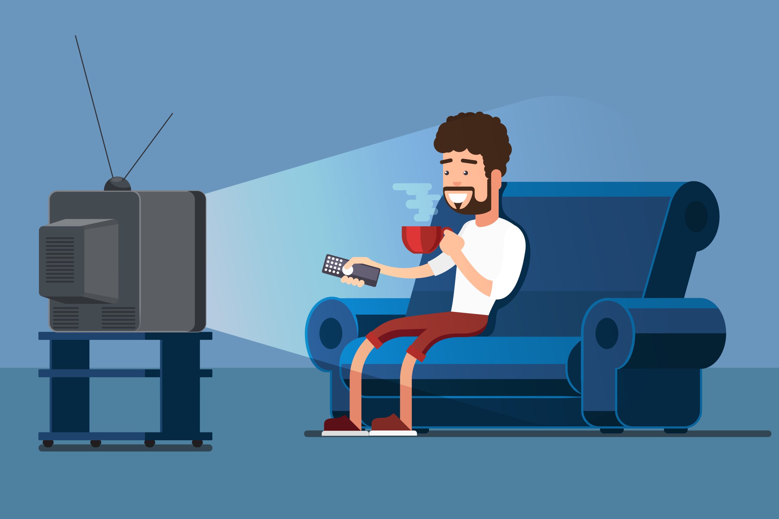 Man watches TV on sofa with coffee cup vector illustration - Rapid IPTV watch rapidiptvs
